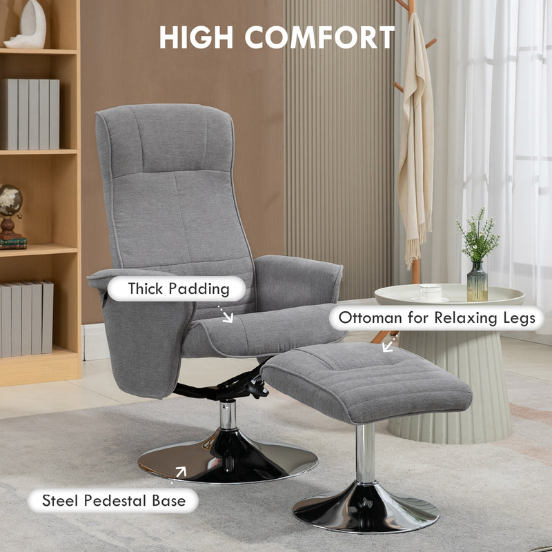 Grey Velvet Swivel Recliner Armchair With Footstool For Living Room Or Office Use