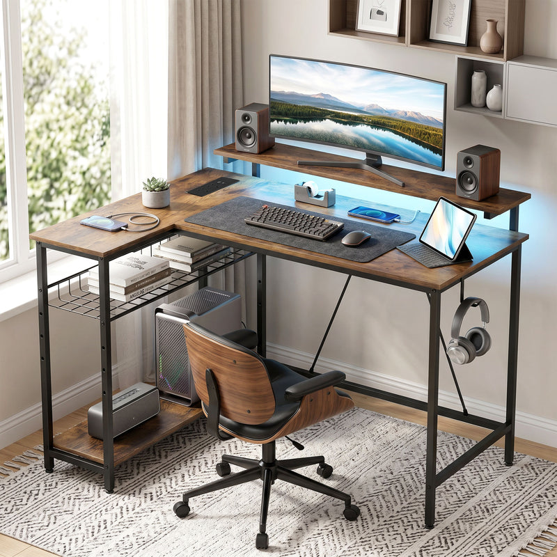 L Shaped Corner Desk with Shelves and Power Outlets for Organised Home Office Rustic Brown