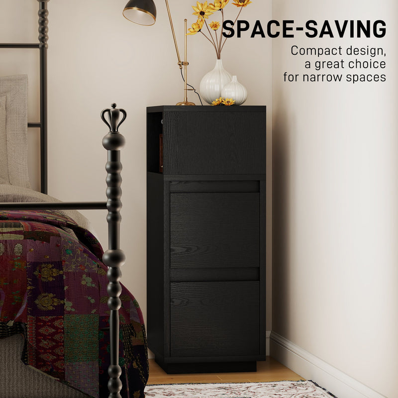 Slim Bedside Table with Drawers and Open Shelf for Small Bedrooms