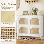 Slim Shoe Storage Cabinet for Hallway with Boho Style Rattan Doors and Oak Top Holds 20 Pairs White 105x24x95cm Homcom
