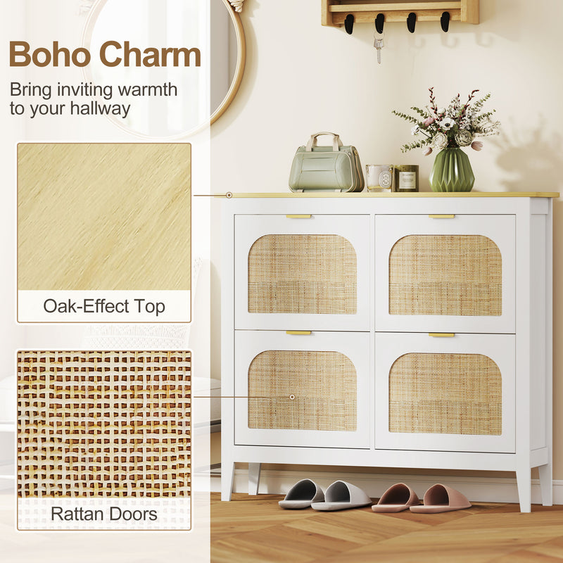 Slim Shoe Storage Cabinet for Hallway with Boho Style Rattan Doors and Oak Top Holds 20 Pairs White 105x24x95cm Homcom