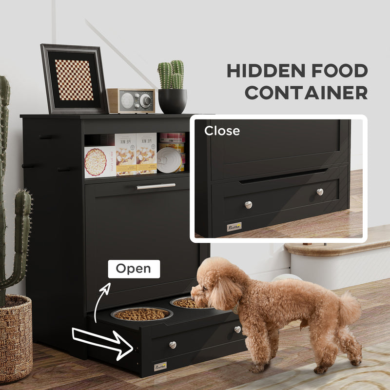Black Pet Feeder Station With Storage Cabinet and Raised Bowls by PawHut