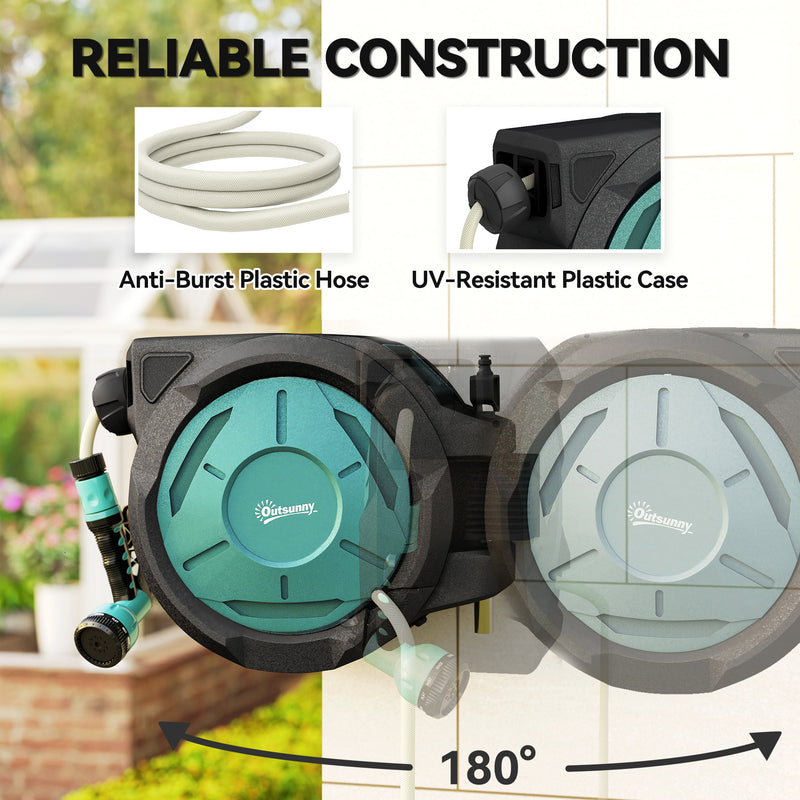 Wall Mounted Retractable Garden Hose Reel With Auto Rewind And Spray Nozzle Black Outsunny