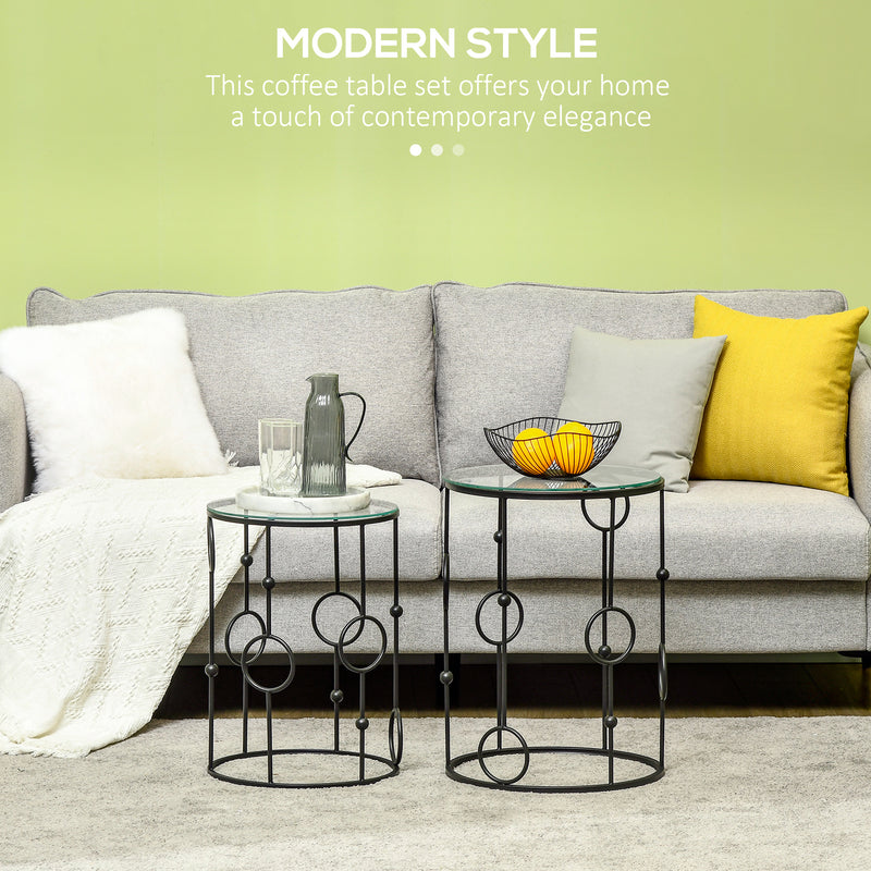 Nesting Side Tables Set of 2 Space Saving Coffee Tables with Glass Tops Black