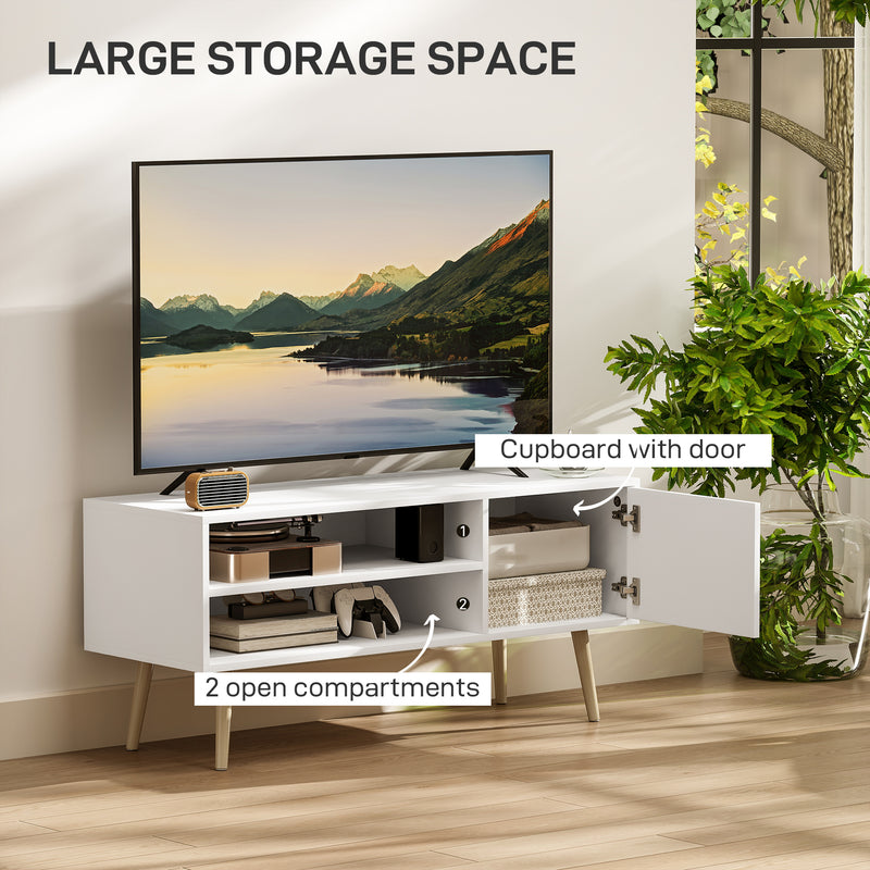 White TV Stand for TVs up to 55 Inches with Open Shelves and Cable Management