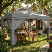 3x3.6m Metal Garden Gazebo with 2-Tier Roof and Mesh Panels for Cool Shaded Outdoor Seating, Dark Grey Outsunny