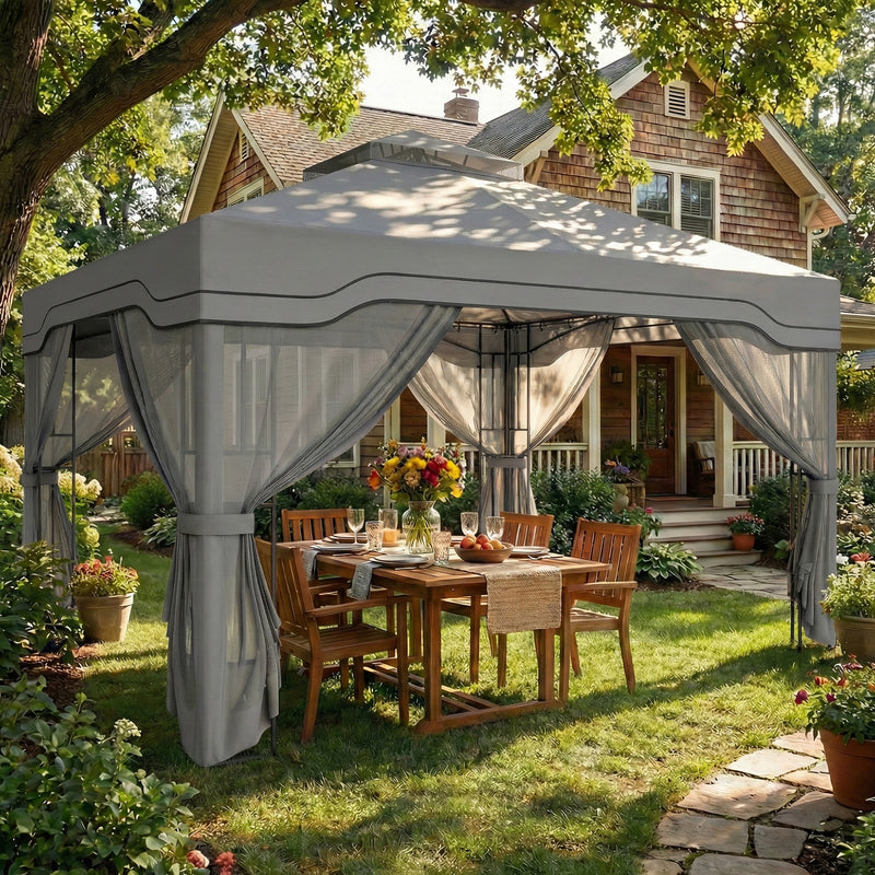 3x3.6m Metal Garden Gazebo with 2-Tier Roof and Mesh Panels for Cool Shaded Outdoor Seating, Dark Grey Outsunny