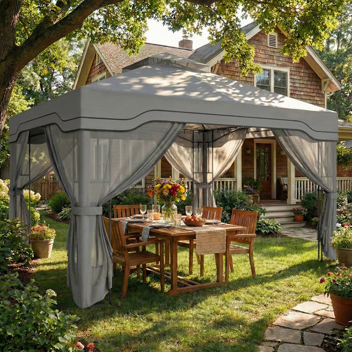 3x3.6m Metal Garden Gazebo with 2-Tier Roof and Mesh Panels for Cool Shaded Outdoor Seating, Dark Grey Outsunny