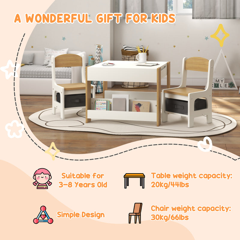 Three Piece Kids Table and Chair Set with Blackboard Storage and Shelves in Natural Wood AOSOM