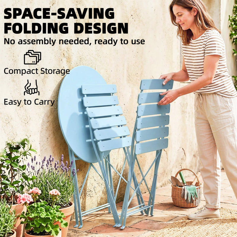 3pc Folding Metal Bistro Set for Small Gardens and Balconies, Light Blue Outsunny