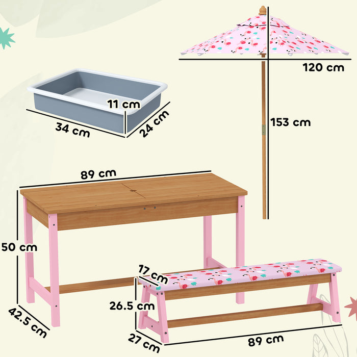 Kids Picnic Table Set with Foldable Umbrella Cushions Storage Boxes Flamingo Design Pink by AIYAPLAY