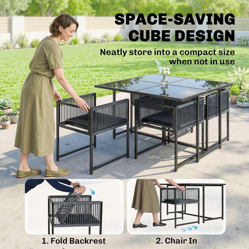 5 Piece Garden Dining Set for 4 with Foldable Chairs and Tempered Glass Table, Grey Outsunny