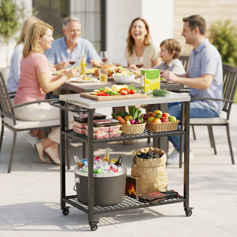 BBQ Prep Table with Stainless Steel Top and Storage Shelves for Outdoor Cooking Black Outsunny