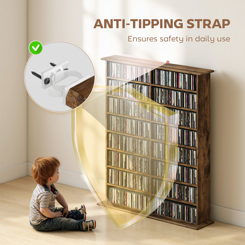 16 Compartment Wooden Media Storage Shelf For CDs, DVDs, And Books, Rustic Brown