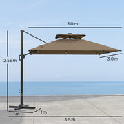 Khaki Cantilever Garden Parasol with Solar LED Lights and UPF50+ Sun Shade by Outsunny