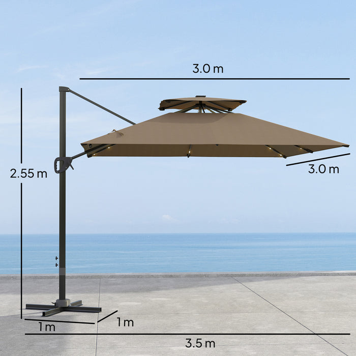 Khaki Cantilever Garden Parasol with Solar LED Lights and UPF50+ Sun Shade by Outsunny