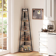Corner Bookcase with Five Shelves for Space Saving Storage Natural Wood and Black AOSOM