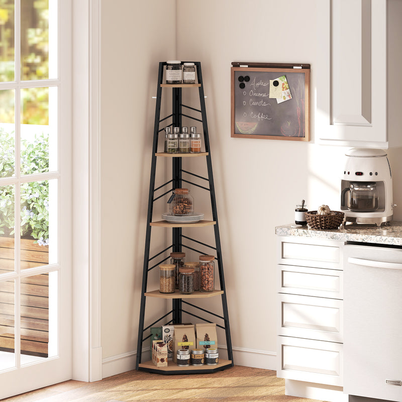 Corner Bookcase with Five Shelves for Space Saving Storage Natural Wood and Black AOSOM