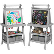 3 in 1 Kids Easel With Magnetic Whiteboard Chalkboard Paper Roll and Storage Baskets, Grey