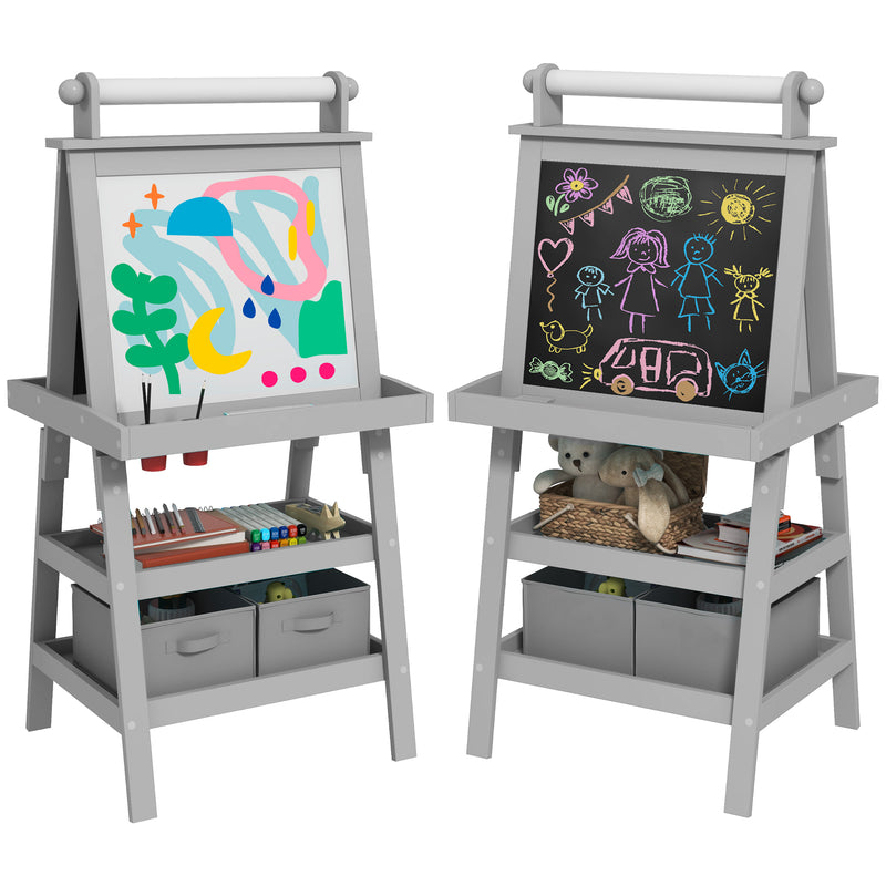 3 in 1 Kids Easel With Magnetic Whiteboard Chalkboard Paper Roll and Storage Baskets, Grey