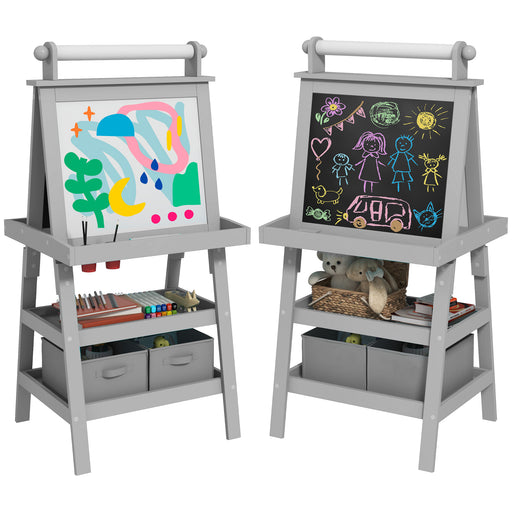 3 in 1 Kids Easel With Magnetic Whiteboard Chalkboard Paper Roll and Storage Baskets, Grey