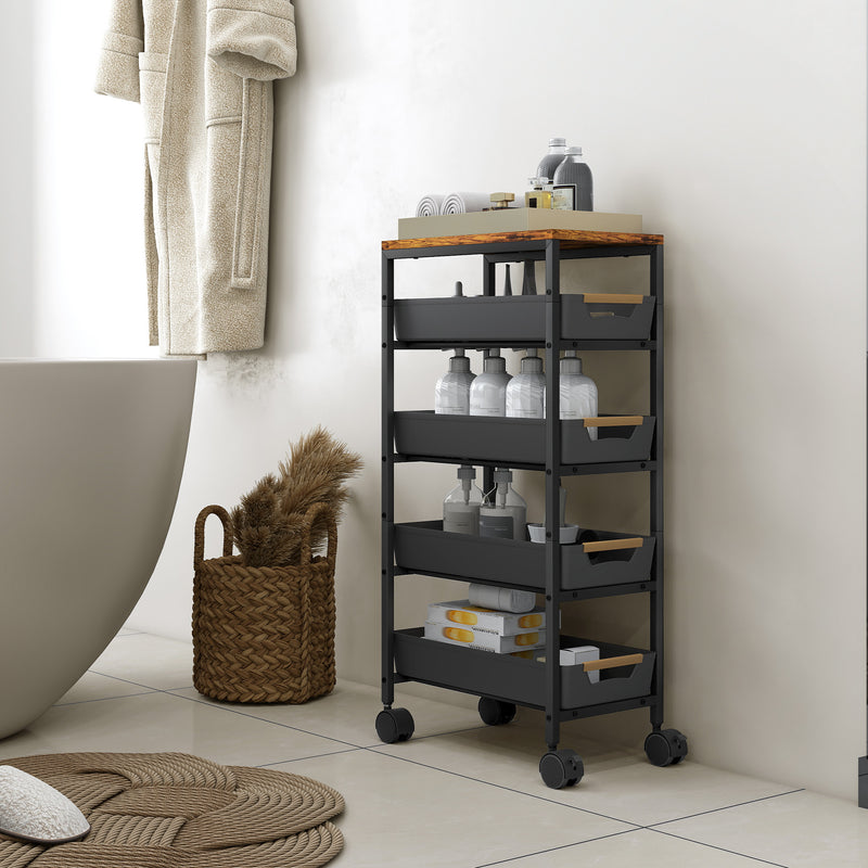 5 Tier Rolling Storage Trolley With Removable Drawers For Home Or Office, Black