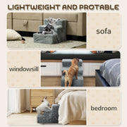 Three Step Dog Stairs With Washable Plush Cover For High Beds And Sofas Light Grey By PawHut