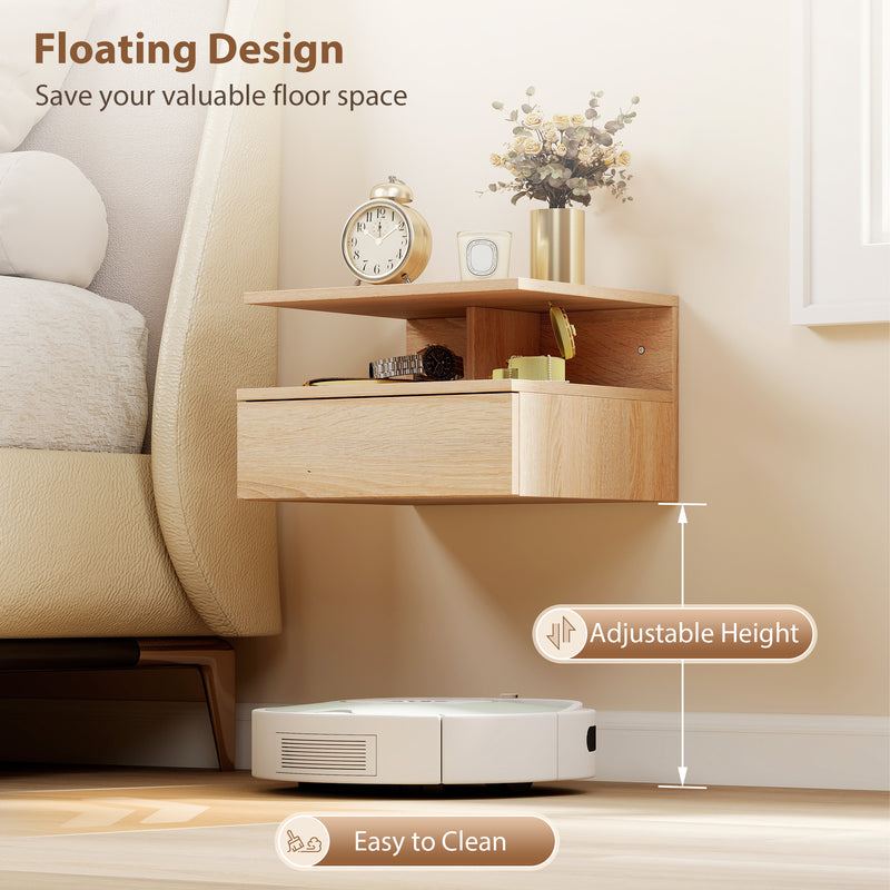 Set of 2 Floating Bedside Tables with Drawer and Shelf for Space Saving Storage Oak AOSOM