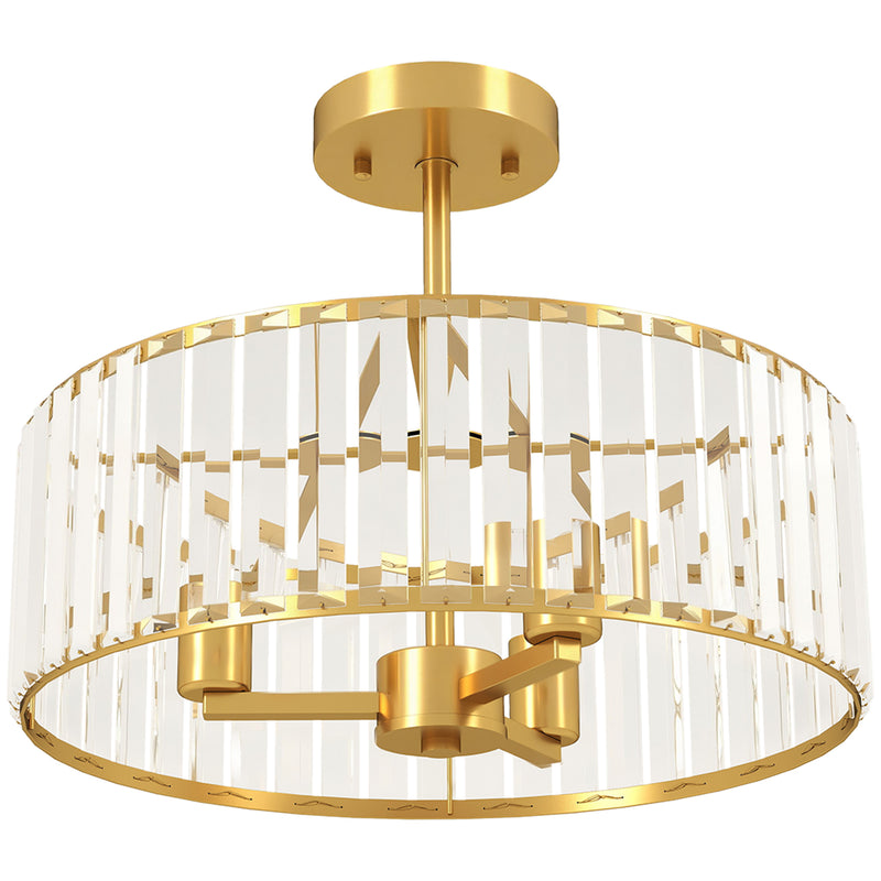 Modern Semi Flush Crystal Ceiling Light With 3 E14 Bulbs For Living Room, Gold Tone