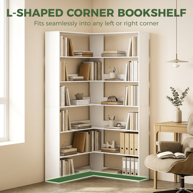 Corner Bookcase with 7 Open Shelves for Small Room Storage White Wood Effect