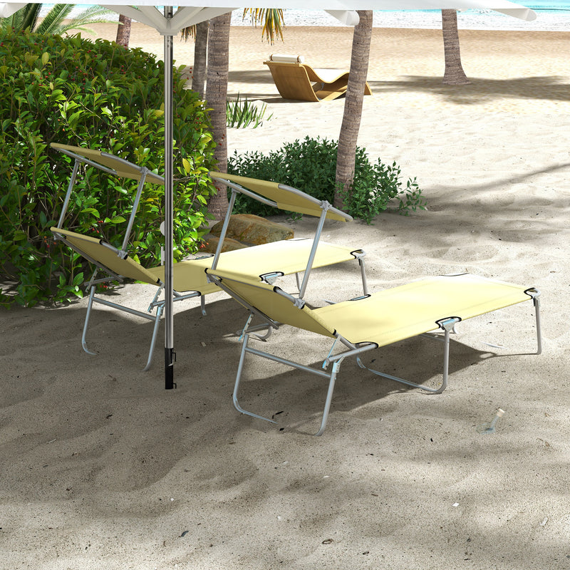 Set of 2 Beige Foldable Sun Loungers with Adjustable Backrest and Canopy for Garden or Beach Outsunny