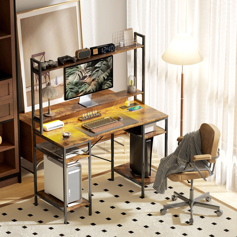 Rustic Brown Computer Desk with Power Outlets LED Lights and Hutch by HOMCOM