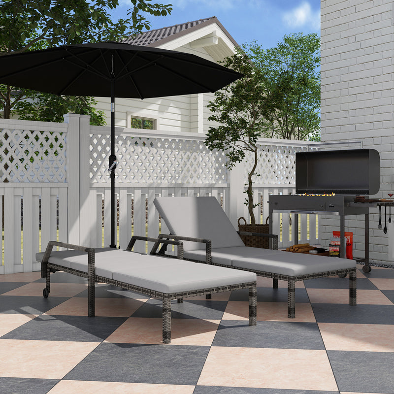 Grey Rattan Sun Loungers Set of 2 With Adjustable Backrest and Wheels for Garden Relaxing