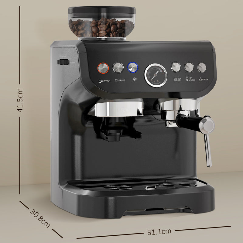 15 Bar Espresso Coffee Machine with Adjustable Grind and Milk Steamer for Home Use Black
