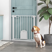 Pressure Fit Pet Safety Gate with Cat Flap and Double Lock For Stairs and Doorways White