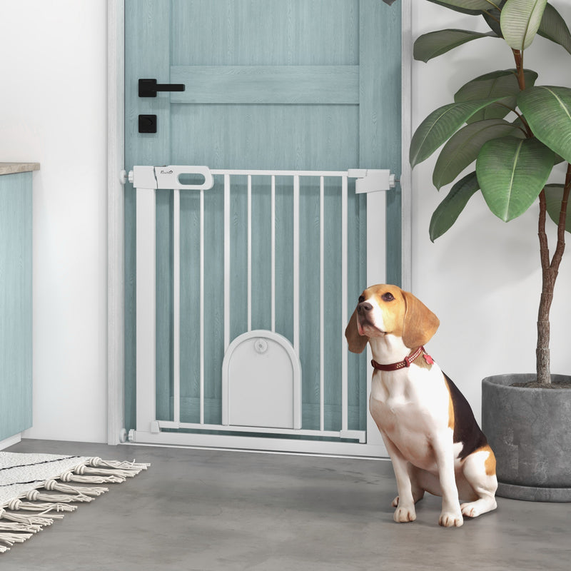 Pressure Fit Pet Safety Gate with Cat Flap and Double Lock For Stairs and Doorways White
