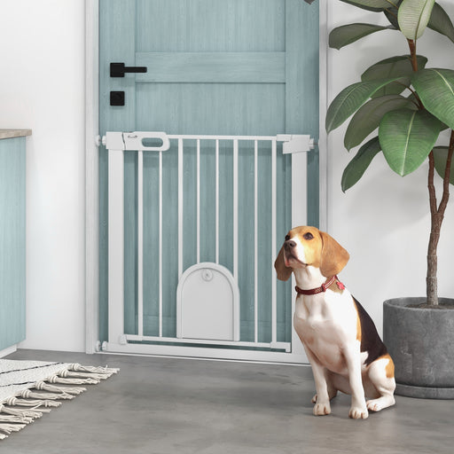 Pressure Fit Pet Safety Gate with Cat Flap and Double Lock For Stairs and Doorways White
