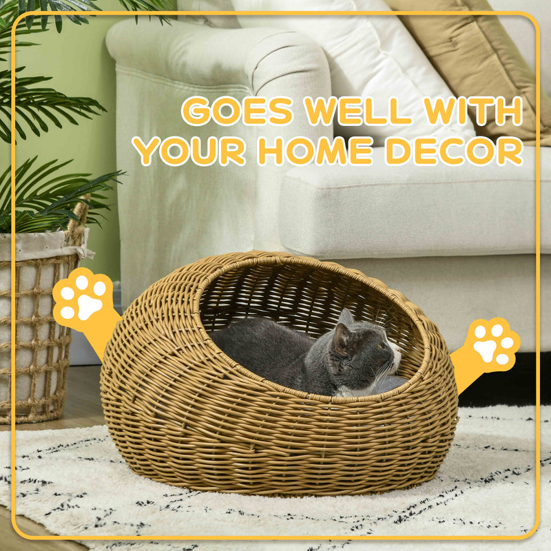 Wicker Cat House with Soft Washable Cushion Ideal for Indoor Use, Light Brown AOSOM