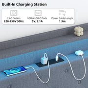King Size Floating Bed Frame with LED Lights, Charging Ports and Storage Shelves, Grey Homcom