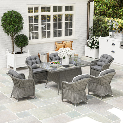 Light Grey 6 Seater Rattan Dining Set With Cushions and Glass Table by Outsunny
