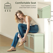Boho Shoe Storage Bench with Cushion and Flip Drawers for Hallway or Entryway Light Green