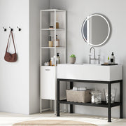 Tall White Bathroom Storage Cabinet With Open Shelves And Adjustable Interior Shelf