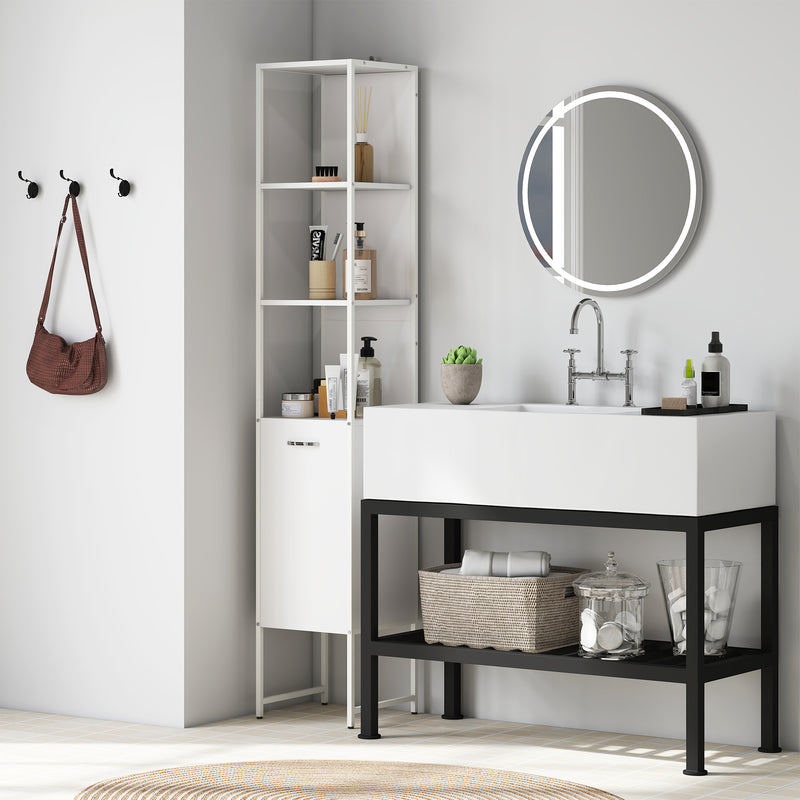 Tall White Bathroom Storage Cabinet With Open Shelves And Adjustable Interior Shelf