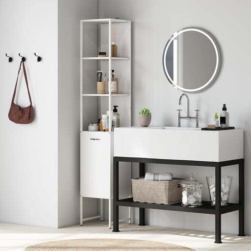 Tall White Bathroom Storage Cabinet With Open Shelves And Adjustable Interior Shelf