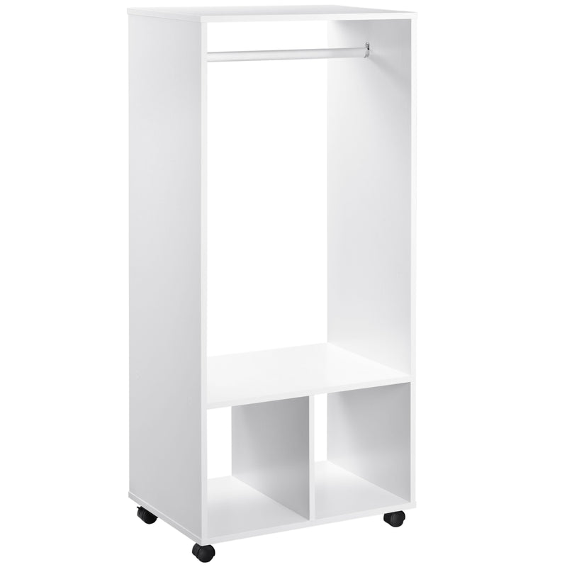 White Open Wardrobe On Wheels With Hanging Rail And Shelves For Bedroom Or Hallway