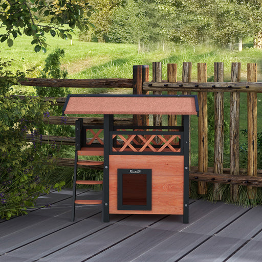 Outdoor Wooden Cat House With Balcony And Stairs Ideal For Garden Or Patio Use, Brown