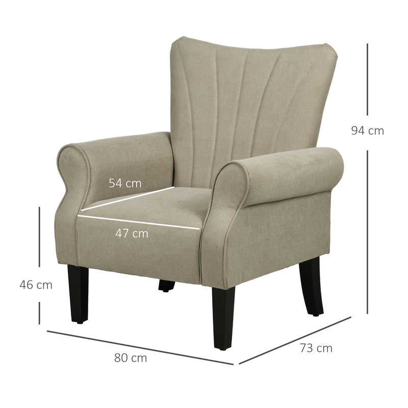 High Back Upholstered Accent Armchair with Rolled Arms and Wood Legs for Lounge, Beige