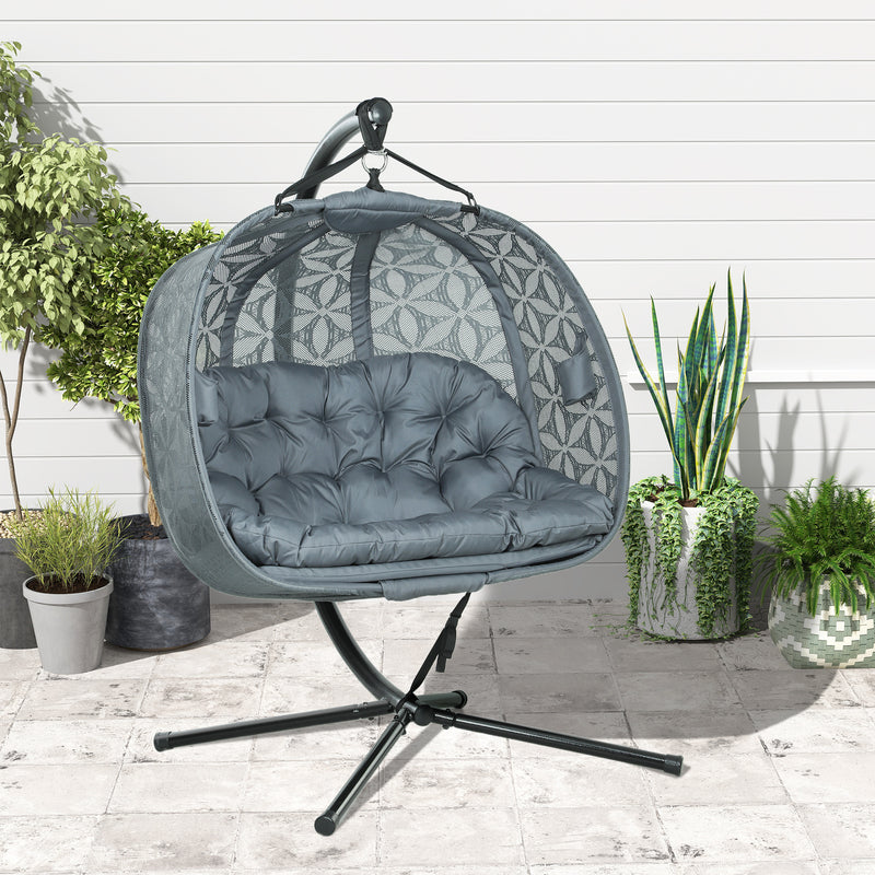 Double Hanging Egg Chair with Stand Comfy Cushion and Cup Holders Charcoal Grey by Outsunny