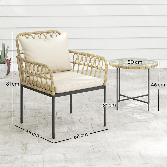 Beige 3 Piece Rattan Bistro Set with Cushions and Glass Top Table for Garden or Balcony by Outsunny