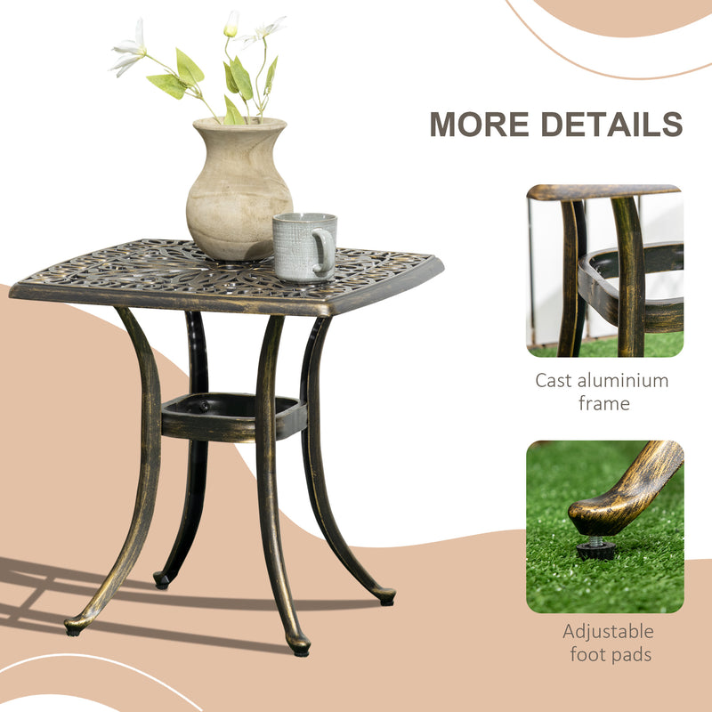 Bronze Cast Aluminium Square Garden Side Table With Umbrella Hole For Patio Or Balcony Use